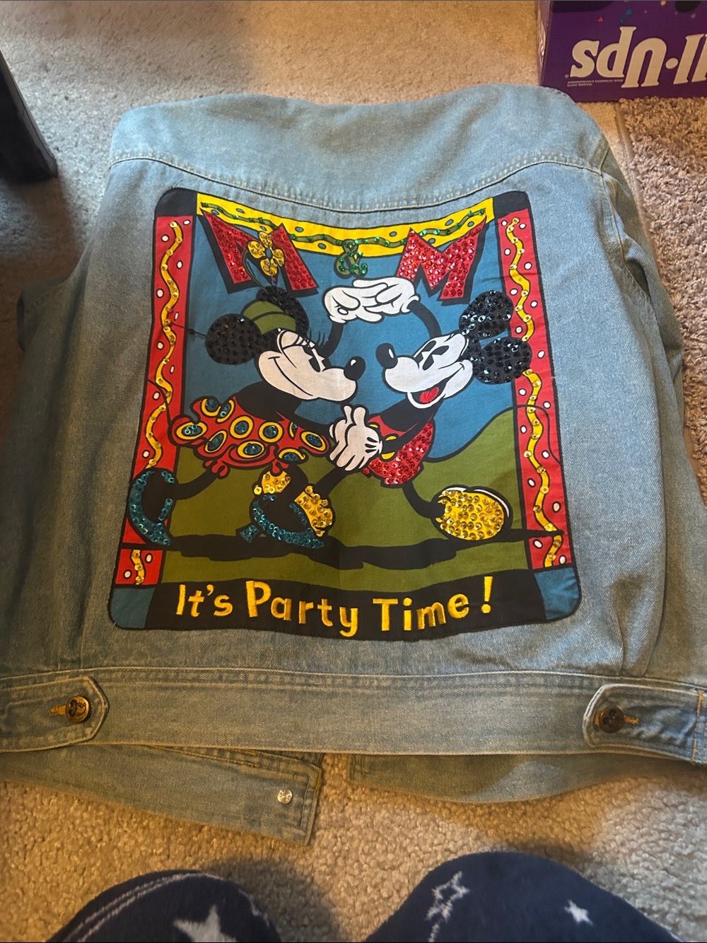 Vintage womDenim Jacket with Colorful Mickey & Minnie 'It's Party Time' Back Art